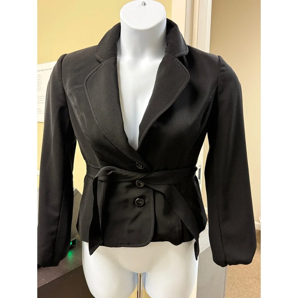 Women's Black Belted Blazer Jacket Double‎ Button Collar